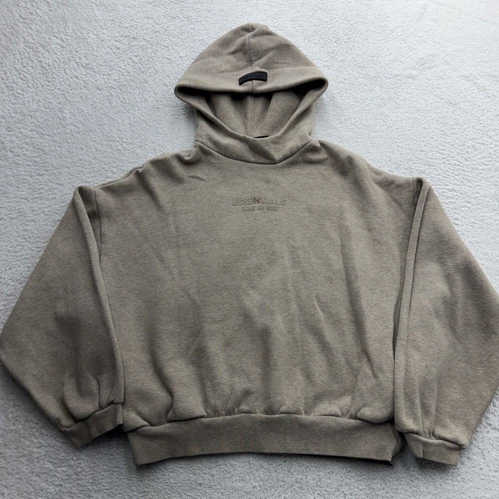 Fear of God Essentials Hoodie Taupe Heather Oversized Logo Sweatshirt XS